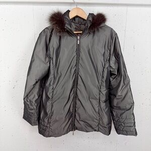 Moncler Women’s Size 5 XL Shimmering Green Fox Fur Trim Jacket